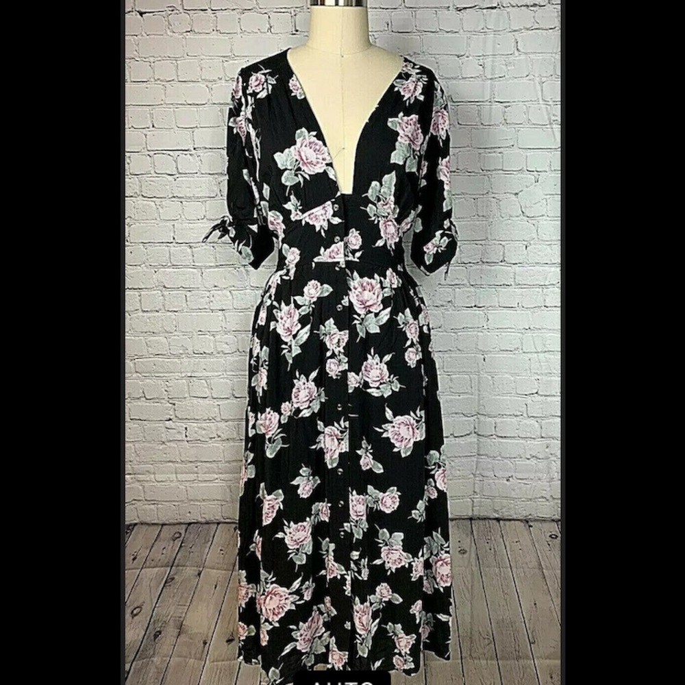 Free People Womens Dress Maxi Floral Black Plunge